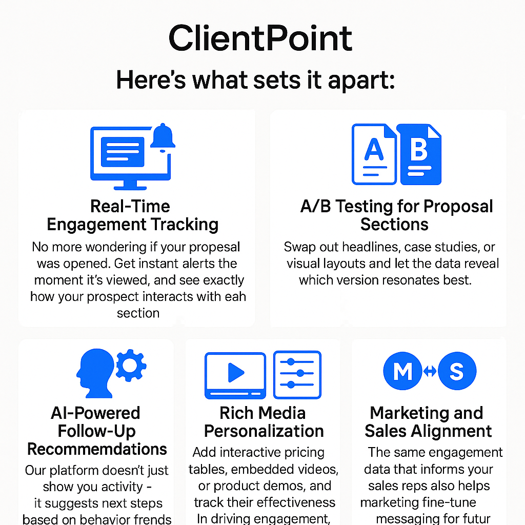 At ClientPoint weve designed our platform to be more than just a digital delivery system for proposals its an intelligence engine for sales teamsHeres what sets it apartRealTime Engagement TrackingNo more wondering if your proposal was opened Get ins-1