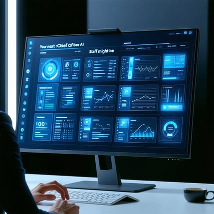 a sleek digital assistant on a screen organizing meeting notes with a caption like Your next Chief of Staff might be AI-Mar-27-2025-02-55-09-7126-AM