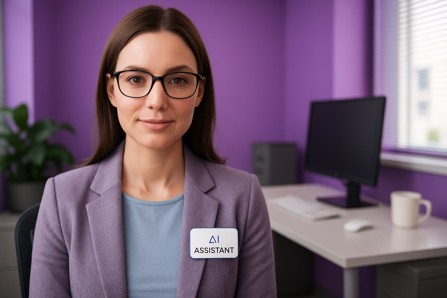 Woman AI Assistant in a purple background and also inside office
